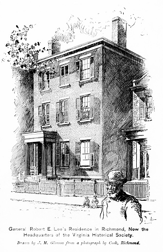 Virginia Historical Society building. Former Residence of Confederate General Robert E. Lee in Richmond, Virginia.  Illustration engraving published 1896. Original edition is from my own archives. Copyright has expired and is in Public Domain.