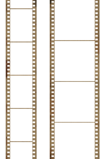 Illustration of 35mm and 120 roll camera films isolated on white background. There is text in the bottom CAMERA FILM on 35mm film and 120 ROLL CAMERA FILM on 120 roll film. There are also ordinals under the frames.