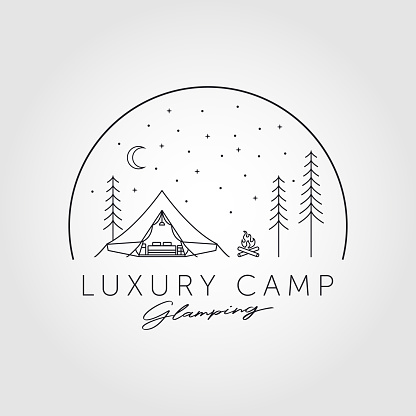 Luxury camp. Glamping recreation logo line art vector illustration design