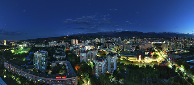 View from a quadrocopter on the southeastern part of the Kazakh city of Almaty on a summer evening