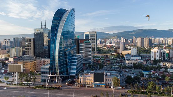 Drone photo of downtown Ulaanbaatar with Blue Sky Hotel, Mongolia.