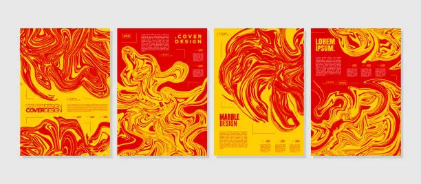 Vector illustration of Red and yellow lava fluid stain abstract cover design. Liquid marble poster set.