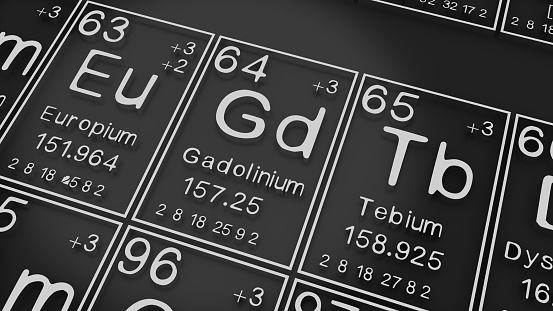 Europium, Gadolinium, Terbium on the periodic table of the elements on black blackground,history of chemical elements, represents the atomic number and symbol.,3d rendering