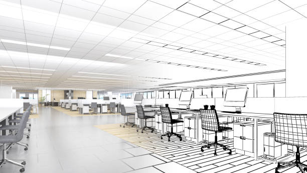 istock office space For working with computers, office equipment,a combination of line drawings and color.,3d rendering 1651867905