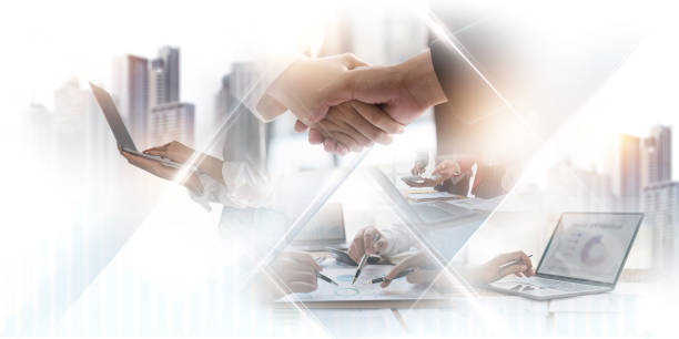 Teamwork concept, Deal, Handshake, Partnership and data exchange, Investment analysis, planning and strategy