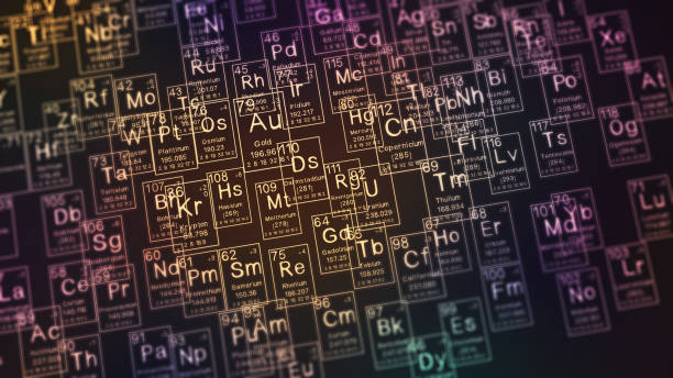 tavola periodica degli elementi su fondo nero nero,storia degli elementi chimici, rappresenta il numero atomico e il simbolo.,rendering 3d - tavola periodica degli elementi foto e immagini stock
