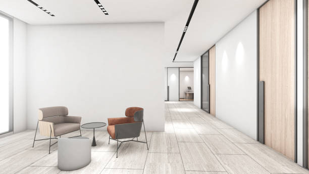 áreas de espera de oficinas y pasillos en el edificio, espacio de oficinas, renderizado 3d - hospital entrada fotografías e imágenes de stock