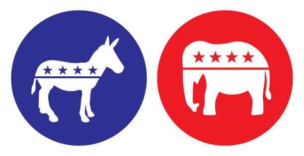 Vector illustration of a round blue and red election elephant and donkey icons on a white background.