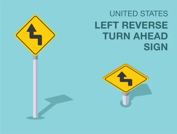 Vector illustration of Traffic regulation rules. Isolated United States left reverse turn ahead sign. Front and top view. Vector illustration template.