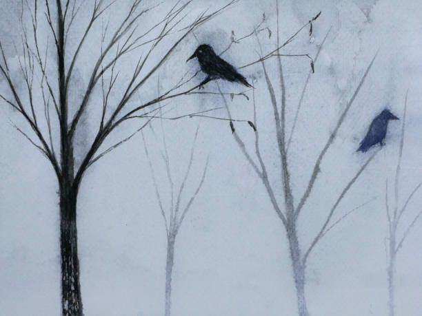 istock watercolor landscape mountain fog mystery crow sitting on a tree. 1651999445