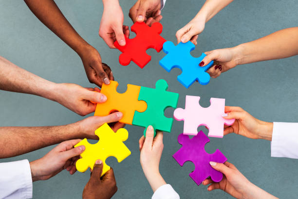 High Angle View Of Medical Team Solving Jigsaw Puzzle High Angle View Of Medical Team Solving Colorful Jigsaw Puzzle Against Grey Background diversity stock pictures, royalty-free photos & images