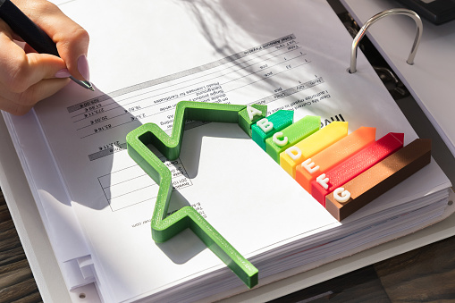 Woman Calculating Invoice With Energy Efficient Chart And House Silhouette In Office