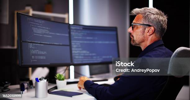 Average Coder Coder Using Computer At Desk Stock Photo - Download Image Now - 50-54 ...