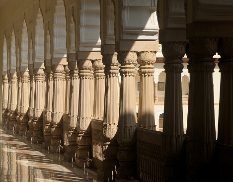 Pillars of the Rambagh Palace, Jaipur, Rajasthan, India.
