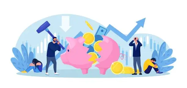 Vector illustration of Businessman breaking piggy bank with hammer. Financial crisis, Bankruptcy, investment failure. Depressed poor man in need of money. Frustrated desperate businessmen sitting around broken money box