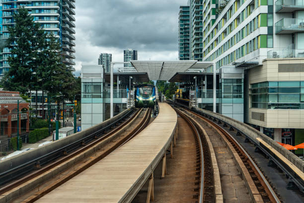 Vancouver, British Columbia - July 25, 2023: Sky train and Canada Line station, Vancouver, Canada.