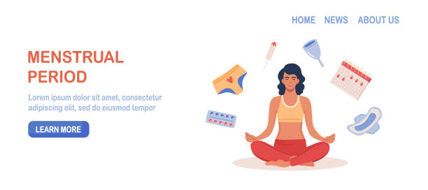 ilustraciones, imágenes clip art, dibujos animados e iconos de stock de mujer sentada en meditación de loto posa en el período de menstruación. calendario pms, rastreador. artículos para la higiene íntima personal de la mujer. tampón sanitario, compresa, copa menstrual reutilizable de silicona, bragas - tantric buddhism