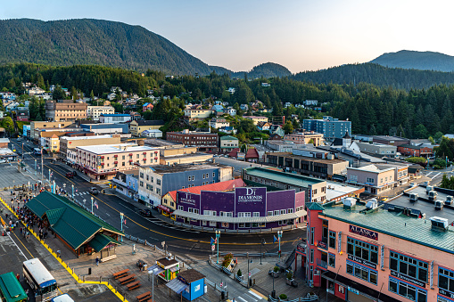 Ketchikan, USA - July 28, 2023: Aerial view of Front street  in Ketchikan, Alaska, USA.