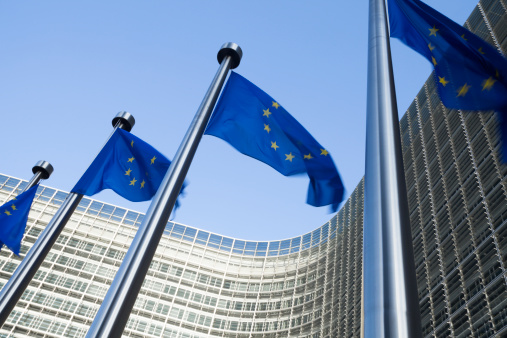 Brussels, Belgium, 4 April 2019 - European Union EU flags in front of the Berlaymont building, headquarters of the European Commission.