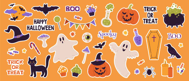istock Set of Halloween stickers. Hat, ghost, bat, candy, funny pumpkins, cat. Perfect for scrapbooking, greeting card, party invitation, poster, tag. Hand drawn vector illustration. 1652086055
