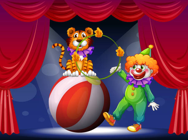 illustrazioni stock, clip art, cartoni animati e icone di tendenza di tiger e un clown in fase di esecuzione - curtain red color image clown