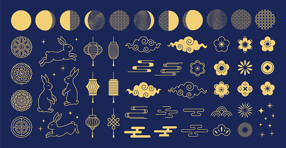 Mid Autumn Festival. Chinese traditional ornaments. Set of gold decorative elements, rabbits, moon, flowers, mooncakes, fireworks, lanterns, clouds. Concept for holiday decor, card, poster, banner. Vector illustration.