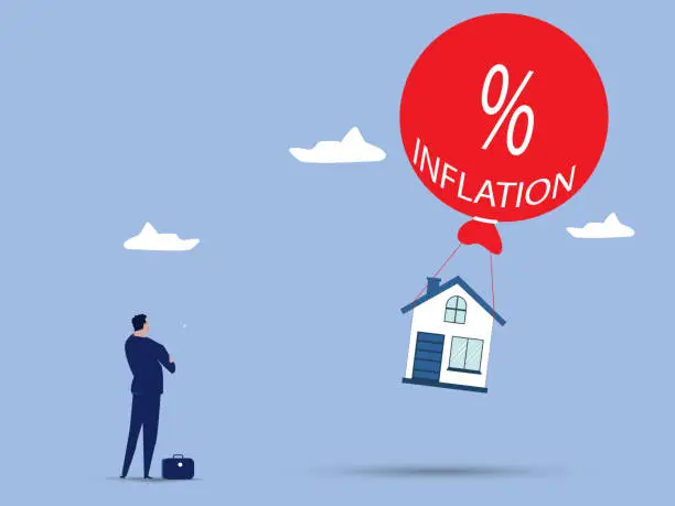 Vector illustration of Real estate inflation,Businessman running to prevent inflation from Rising house prices house floats in balloon. vector illustration.