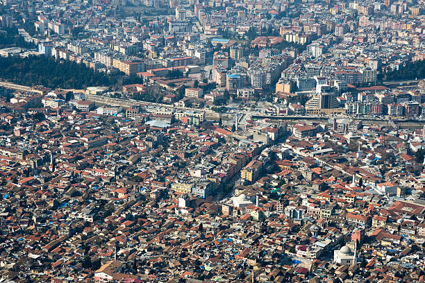 Aerial view of the city of Antakya, also called Hatay, in southern Turkey. In ancient times the city was known as Antioch. The Orontes River flows through the middle of the city.
