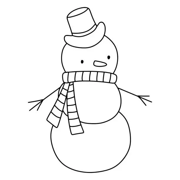 Vector illustration of Cute doodle Snowman isolated on white. Childish vector outline illustration for coloring page