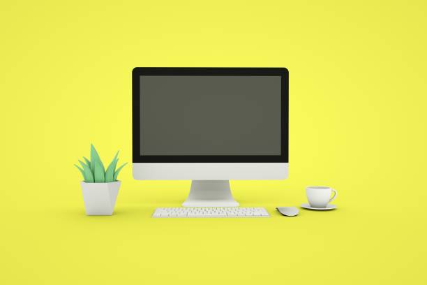 istock Monitor with keyboard, computer mouse, green plant, coffee on yellow background. 3d rendering 1652144041