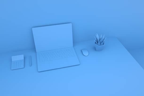 istock Blue Contemporary Hot Desk Office Setup with Laptop, calculator, computer mouse, tree and pen, 3d rendering, Minimal idea concept. 1652145649