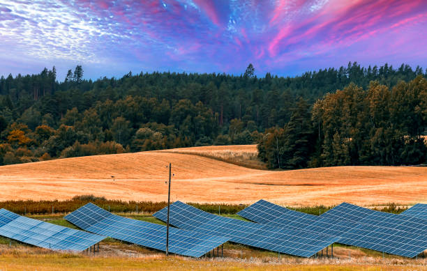 Countryside landscape with cluster of solar panels