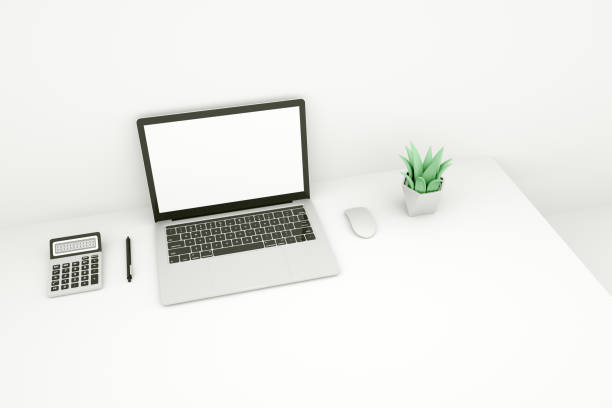 istock Minimalistic office with laptop with blank screen, calculator, computer mouse, Green plant and pen on table. work from home concept. 3D Rendering. 1652145652