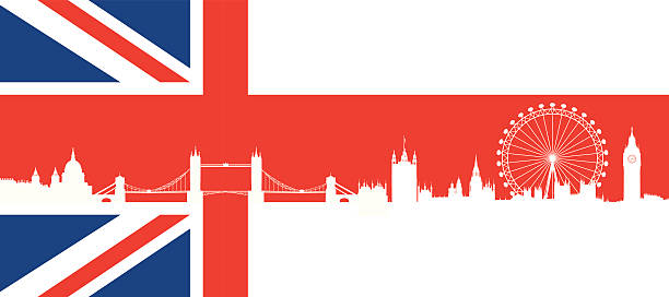 illustrazioni stock, clip art, cartoni animati e icone di tendenza di bandiera del regno unito con molto dettagliate sagoma skyline di londra composizione. - london england big ben bridge england