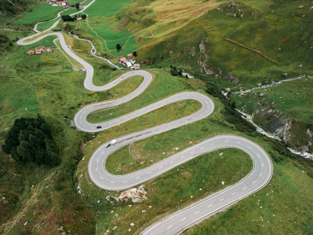 istock Aerial view of camper van on mountain pass road 1652153722