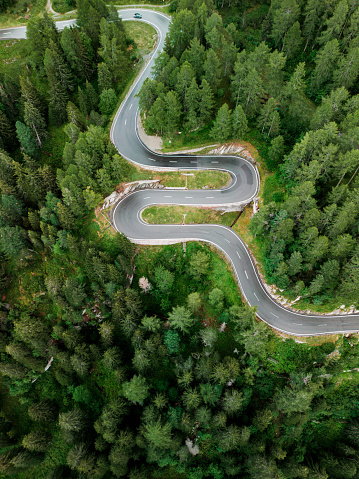 Scenic aerial view of road on mountain pass in Switzerland