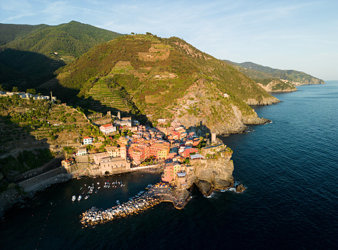 Aerial view of Cinque Terre village and coast in Italy