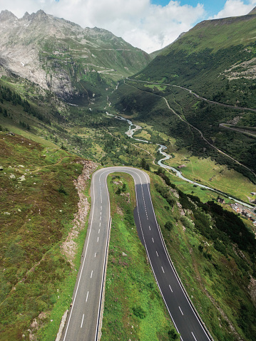 Scenic aerial view of road on mountain pass in Switzerland