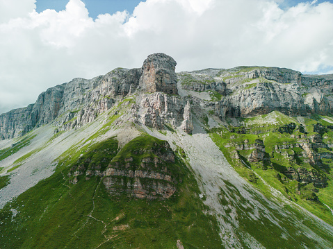 Aerial view of pinnacle mountain in Appenzell Alps in summer in Switzerland