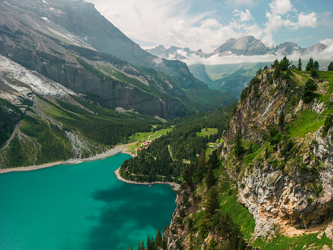 Scenic idyllic aerial view of Interlaken  lake in Switzerland in summer