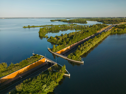 Aerial view of aqueduct  on the big lake in  Netherlands