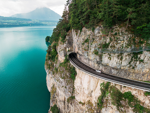 Scenic aerial  view of road  tunnel above Interlaken lake