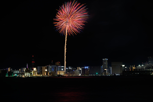 August 4, 2023 Kitakyushu City, Fukuoka Prefecture, Japan Beautiful fireworks display on the eve of the Wasshoi Million Summer Festival