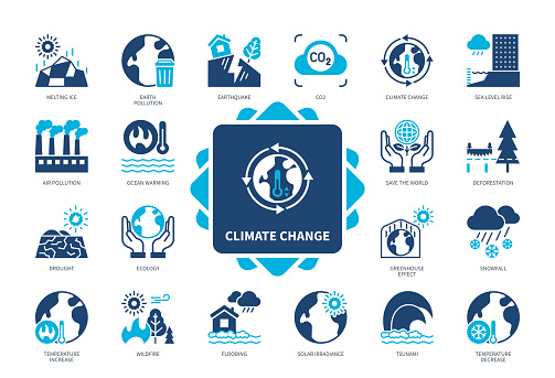 Climate Change icon set. Air Pollution, Deforestation, Flooding, Earthquake, Wildfire, Drought, Melting Ice, Save the World. Duotone color solid icons