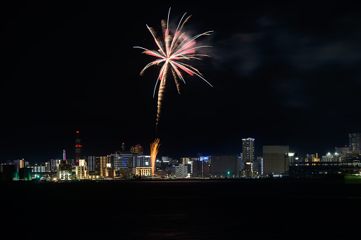 August 4, 2023 Kitakyushu City, Fukuoka Prefecture, Japan Beautiful fireworks display on the eve of the Wasshoi Million Summer Festival
