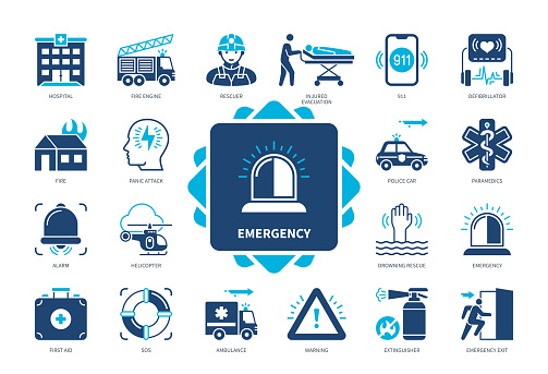 Emergency icon set. Injured Evacuation, Rescuer, Hospital, Helicopter, Ambulance, Police, Emergency Exit, First Aid. Duotone color solid icons