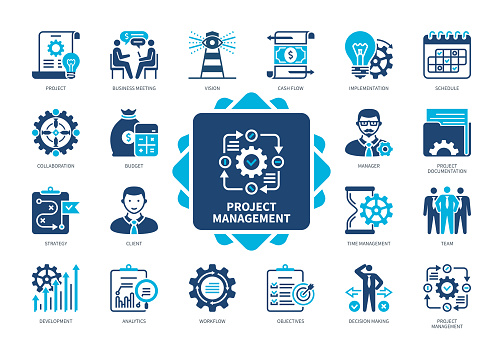 Project Management icon set. Objectives, Budget, Project Documentation, Implementation, Development, Strategy, Analytics, Cash Flow. Duotone color solid icons