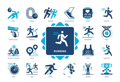 Running icon set. Sprint, Stadium, Overcoming, Route, Trophy, Winner, Cardio, Starting Pistol. Duotone color solid icons