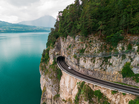 Scenic aerial  view of road  tunnel above Interlaken lake