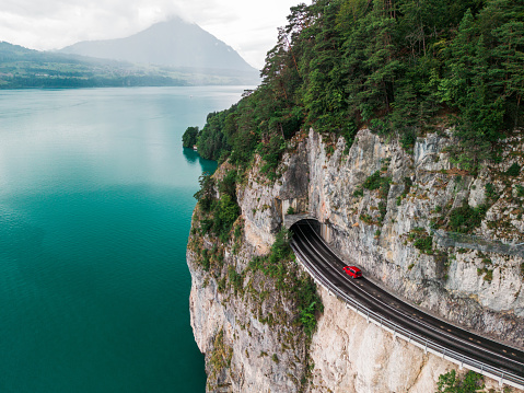 Scenic aerial  view of road  tunnel above Interlaken lake